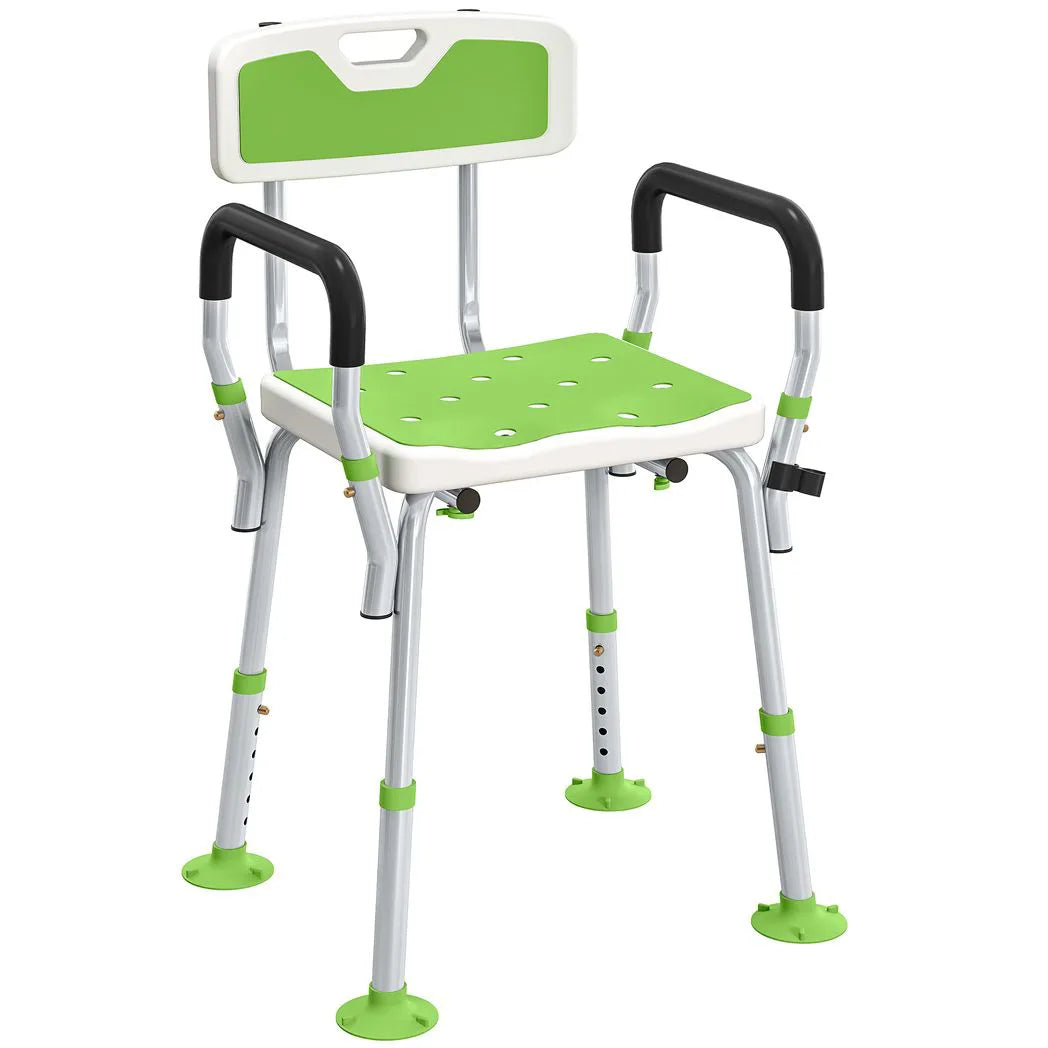 HOMCOM Height Adjustable Shower Chair with Back, Arms & Padded Seat – Bath Aid for Elderly and Disabled, Green