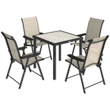 Outsunny 5 Piece Garden Dining Set for 4 – Square Faux Wood Table and Folding Mesh Armchairs, Brown