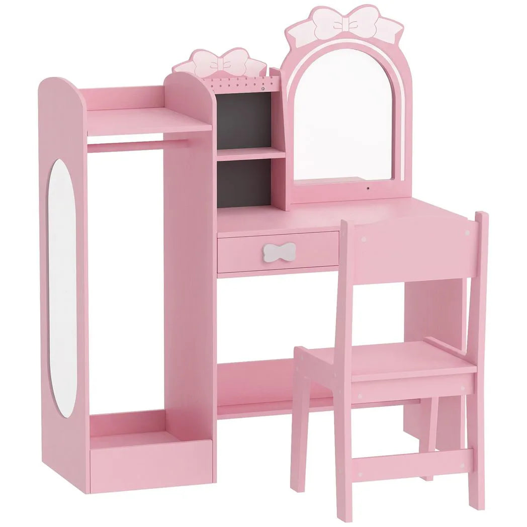 AIYAPLAY 3-in-1 Kids Dressing Table with Stool, Light-Up Mirror and Clothes Rack – Vanity Set Ages 3-8, Pink