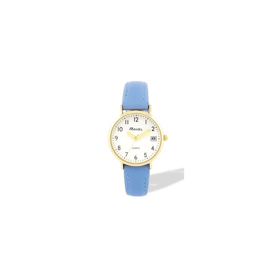 Ravel Ladies Gold-Tone Dated Watch with White Dial and Blue Faux Leather Strap