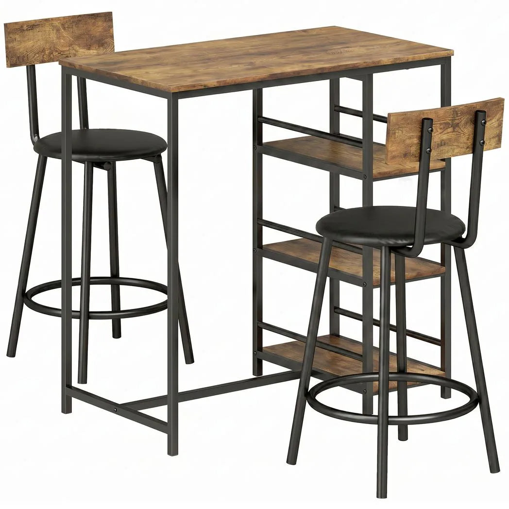 HOMCOM 3-Piece Bar Table and PU Leather Stools Set with Storage Shelves – Breakfast Bar for 2, Rustic Brown