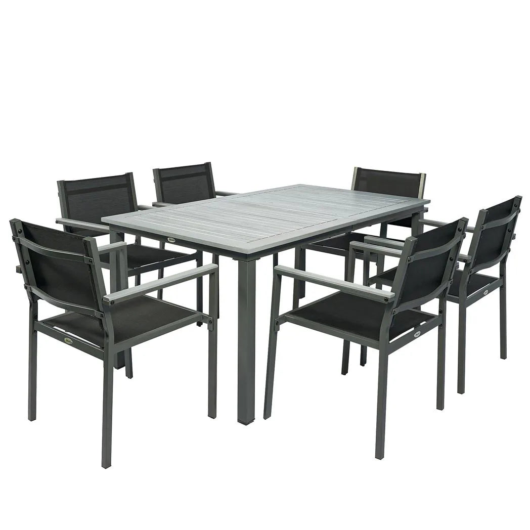 Outsunny 7-Piece Garden Dining Set for 6 with Acacia Wood Table & Stackable Texteline Chairs, Grey