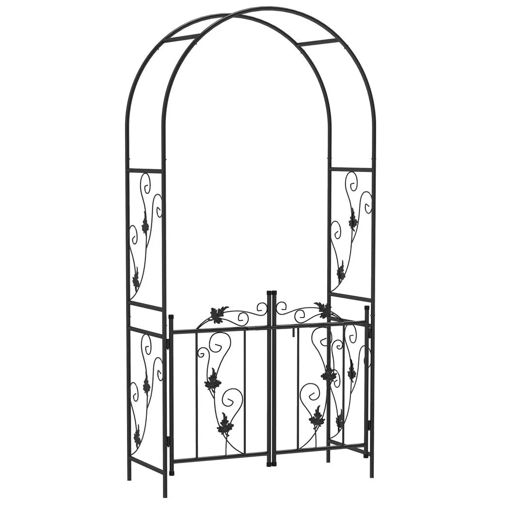 Outsunny 2.17m Steel Garden Arch with Gate – Wedding Arch Plant Support, 107 x 45 x 217cm, Black