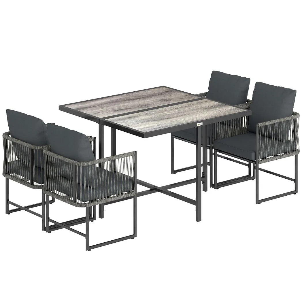 Outsunny 4-Seater Rattan Garden Dining Set – 108cm Wood-Effect Table and Space-Saving Chairs with Thick Cushions, Black