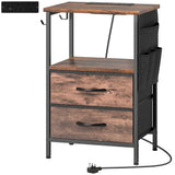 HOMCOM Slim Bedside Table with Charging Station, AC Outlets and USB Ports, Fabric Drawers – Rustic Brown