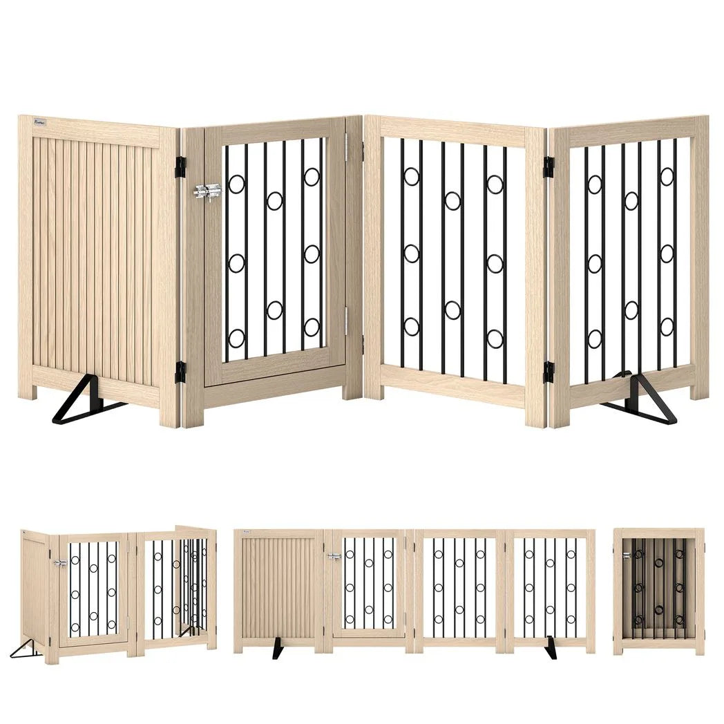 PawHut 4 Panel Freestanding Dog Gate with Lockable Door and Support Feet – Foldable Indoor Barrier, Oak