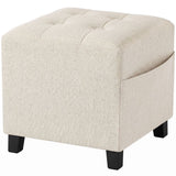 HOMCOM Small Ottoman Footstool with Side Pocket, Padded Seat and Rubber Wood Legs – Living Room, Beige