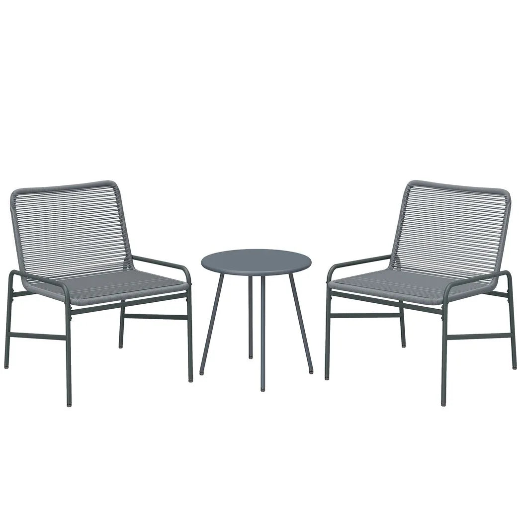 Outsunny 3 Piece Rattan Bistro Set with 2 Chairs and Round Coffee Table, Dark Grey