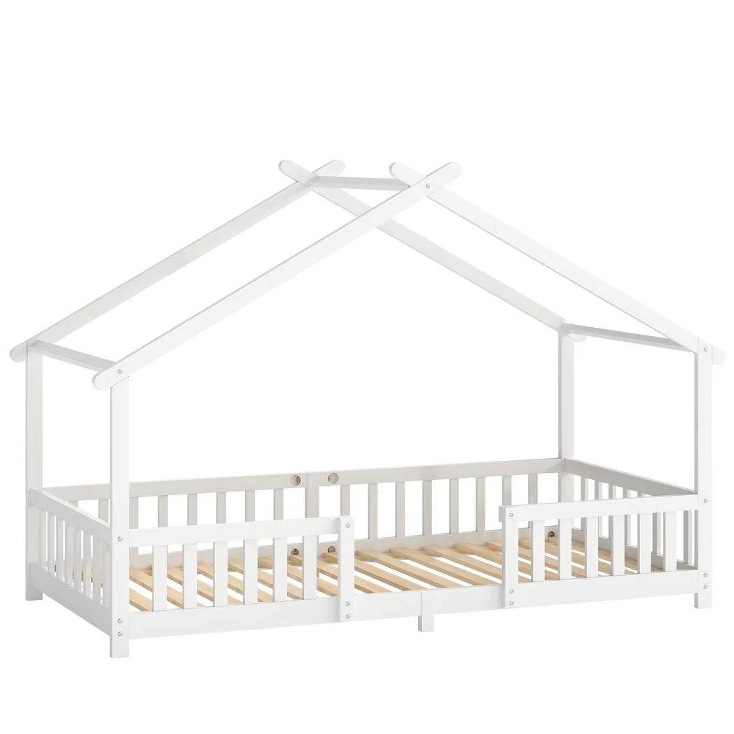 AIYAPLAY Wooden House Kids Single Bed with Dual Guardrails – Solid Pine, White, Fits 90 x 200 cm Mattress