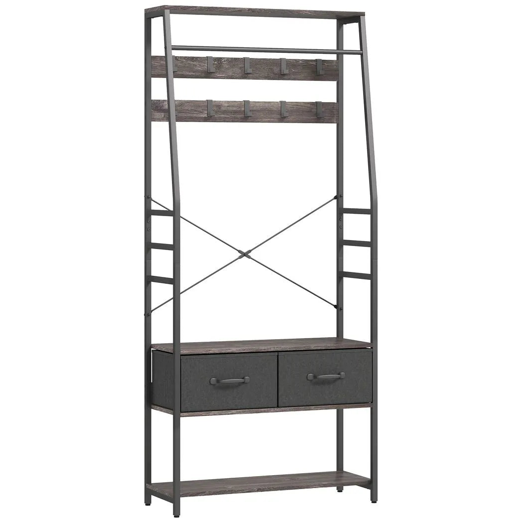 HOMCOM Industrial Hall Tree Coat Rack with Shoe Bench, 10 Removable Hooks, 2 Fabric Drawers and Clothes Rail – Grey