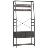 HOMCOM Industrial Hall Tree Coat Rack with Shoe Bench, 10 Removable Hooks, 2 Fabric Drawers and Clothes Rail – Grey