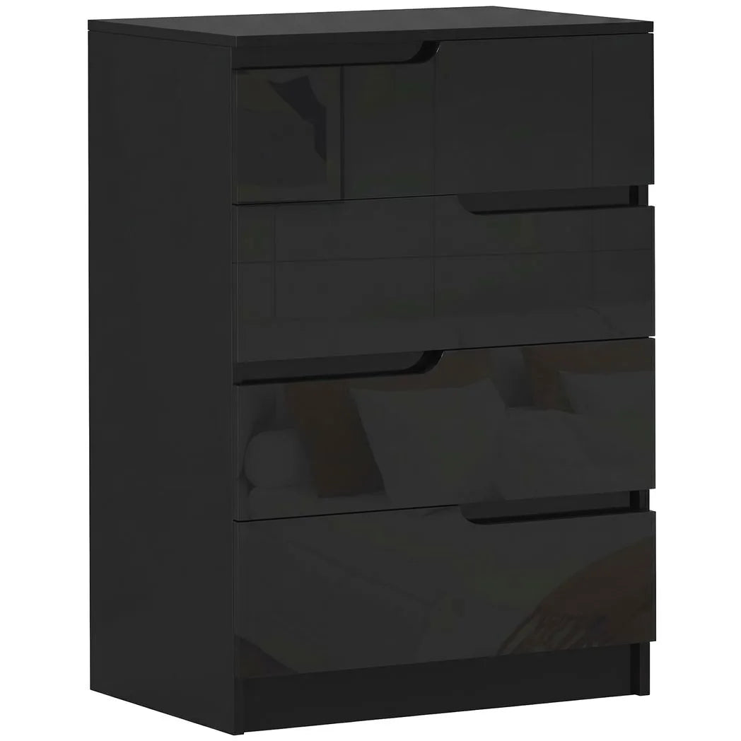 HOMCOM Four-Drawer Chest of Drawers with High Gloss Fronts and Hidden Handles – Bedroom Storage Dresser, Black