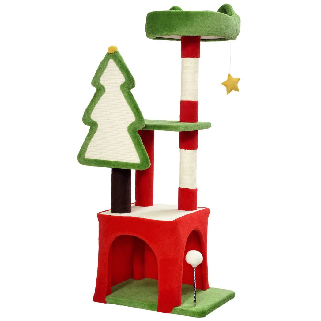 PawHut Christmas Cat Tree, 120cm Tower with Scratching Post, Bed, House and Toys – Festive Green
