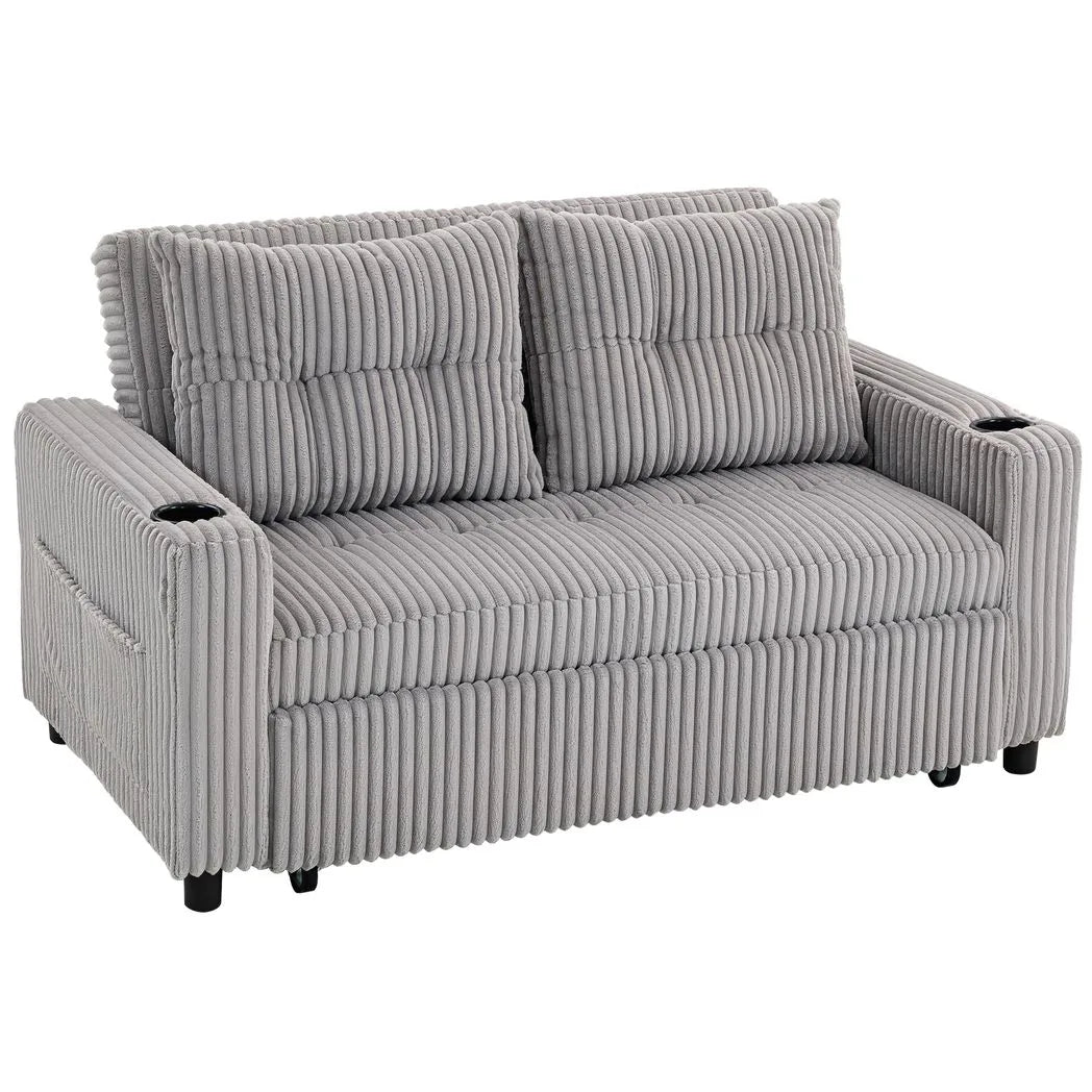 HOMCOM 2 Seater Click Clack Sofa Bed with Pull-Out Design and Cup Holders – Corduroy Upholstery, Light Grey