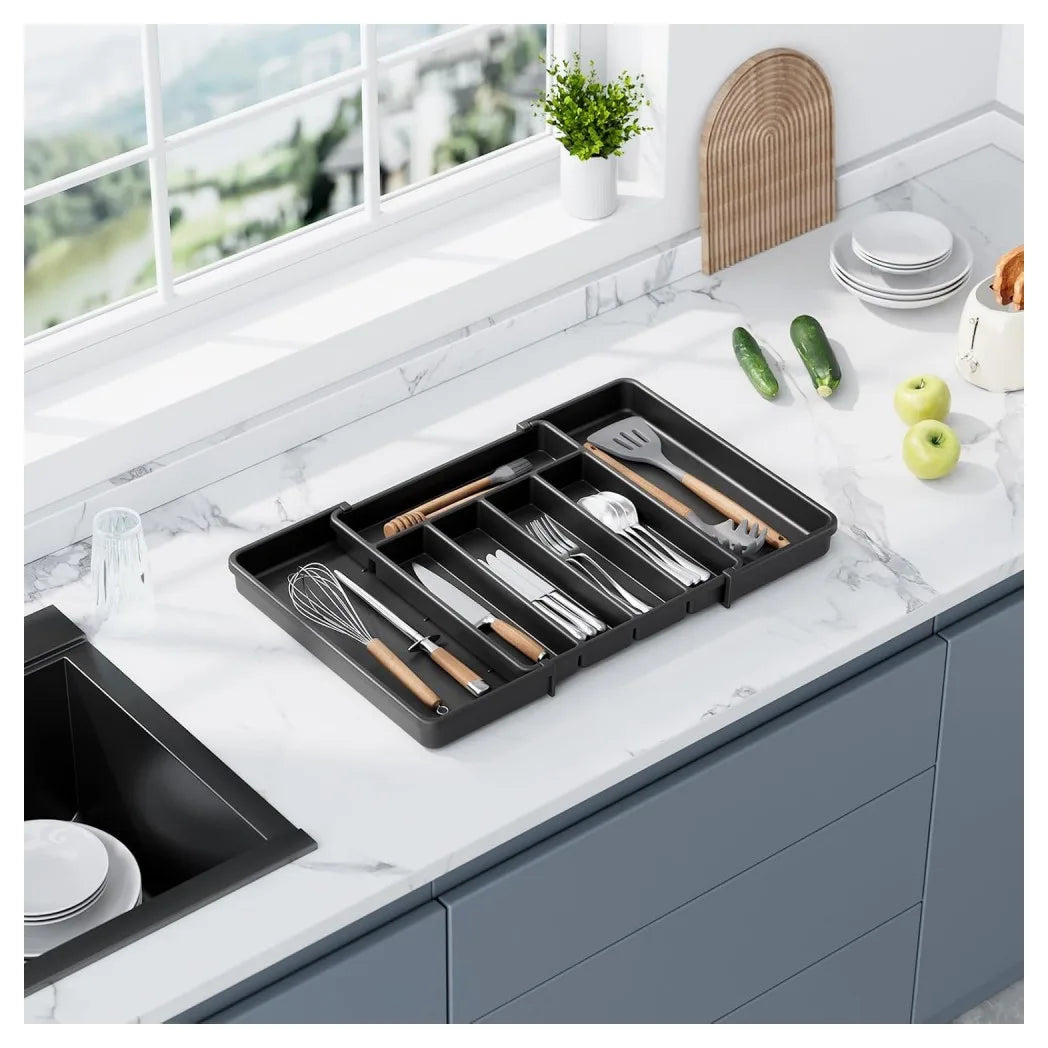 Extendable Cutlery Tray, Large Kitchen Drawer Organiser with 8 Compartments, 30–57 cm Wide