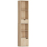 HOMCOM 6-Tier Tall Narrow Bookcase with Drawer, Cupboard and Anti-Tip Kit – Natural Wood Finish