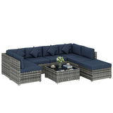 Outsunny 8 Piece PE Rattan Corner Sofa Set with Glass Coffee Table, Footstool and Cushions, Dark Blue
