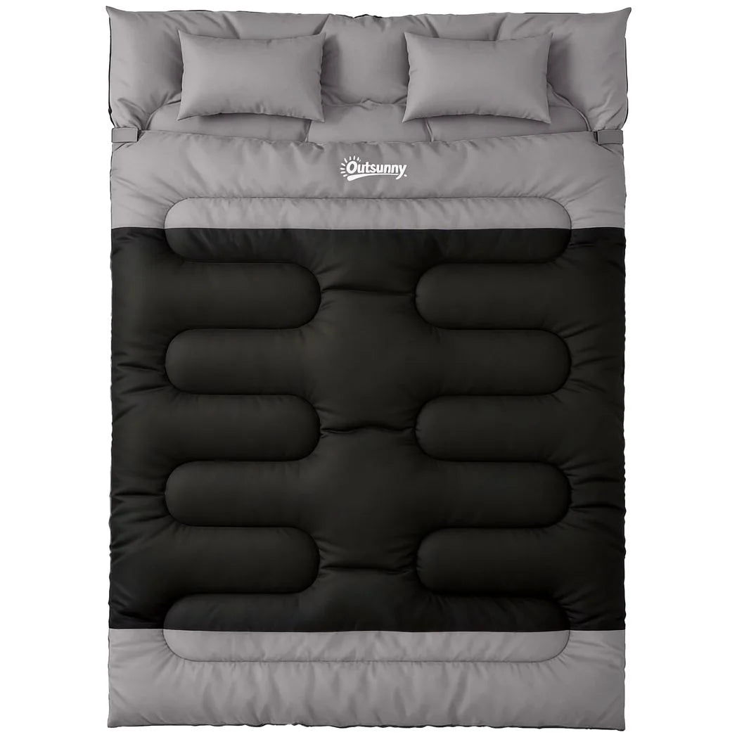 Outsunny Double Sleeping Bag with 2 Pillows, 220 x 160cm – Extra-Large Camping Bag for Adults, Black and Grey