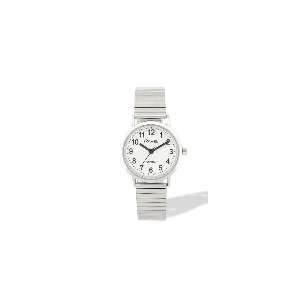 Ravel Ladies Everyday White Dial Watch with Silver Stainless Steel Expander Bracelet, 27mm
