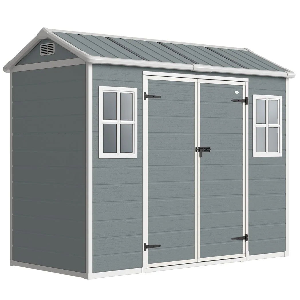Outsunny 8 x 4 ft Plastic Garden Shed with Floor, Windows, Vents and Lockable Doors – Outdoor Storage, Light Grey