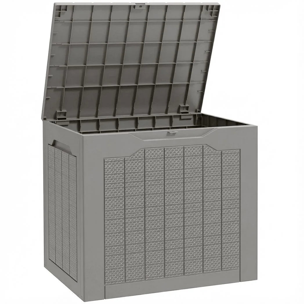 Outsunny 73L Plastic Garden Storage Box with Handles and Padlock Loop – Waterproof Outdoor Container, Khaki