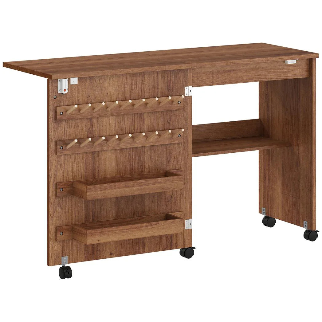 HOMCOM Folding Sewing Table with Storage, Thread Racks & Lockable Casters – Rolling Craft Table, Brown