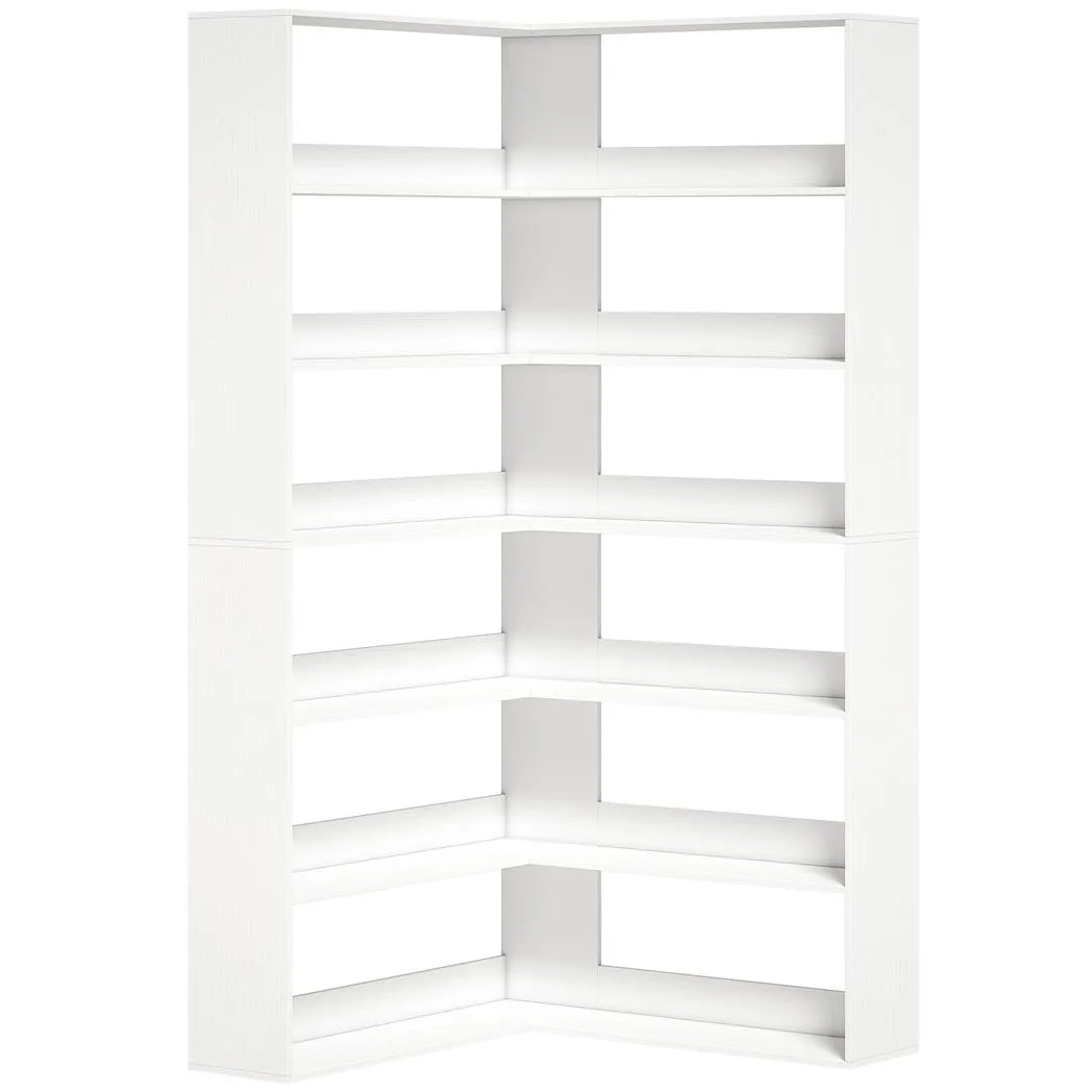 HOMCOM 7-Tier L-Shaped Corner Bookcase with Rear Guards and Anti-Tip Hardware – Bookshelf, White Wood Effect