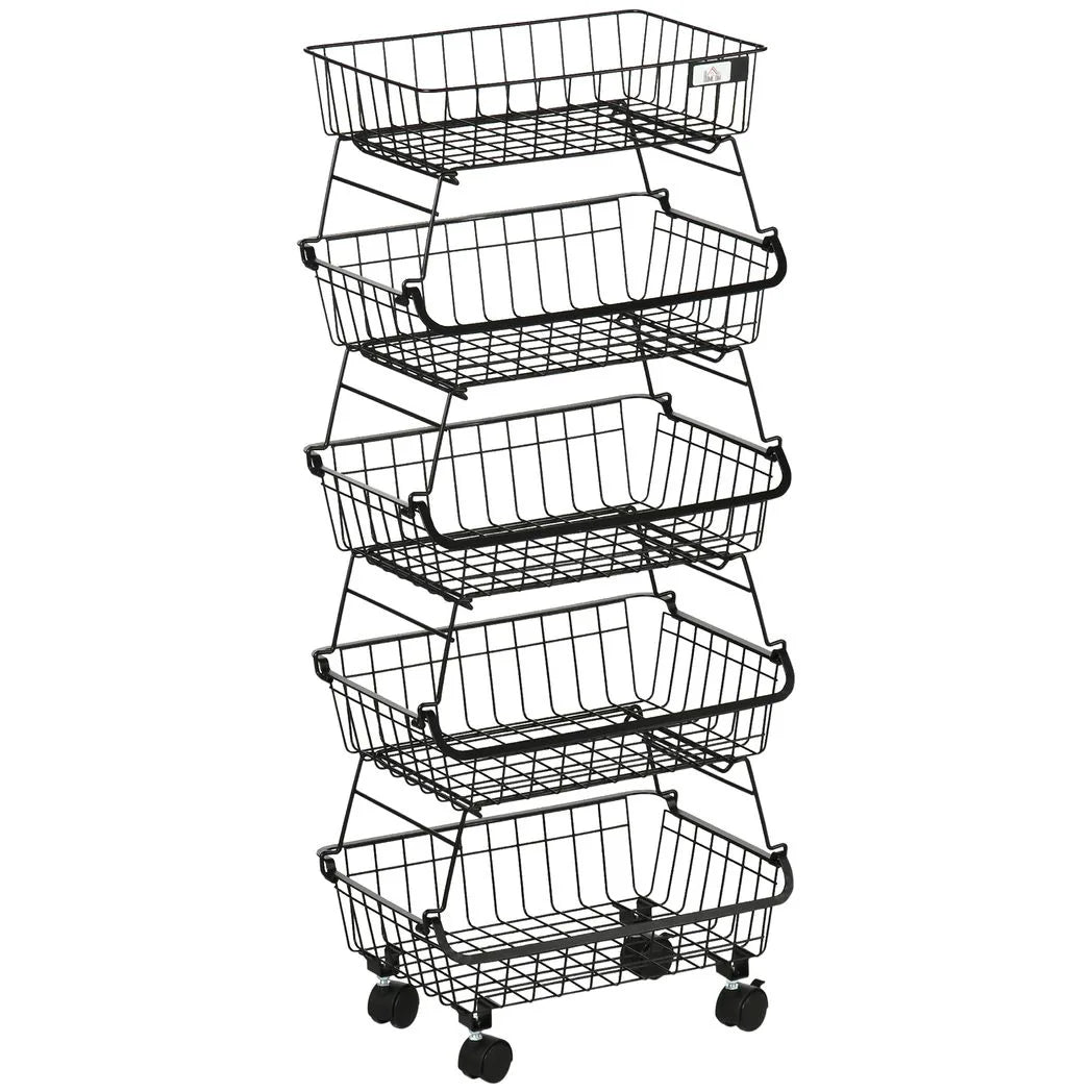 HOMCOM 5-Tier Stackable Storage Trolley – Fruit and Vegetable Cart for Kitchen and Living Room with Lockable Wheels, Black