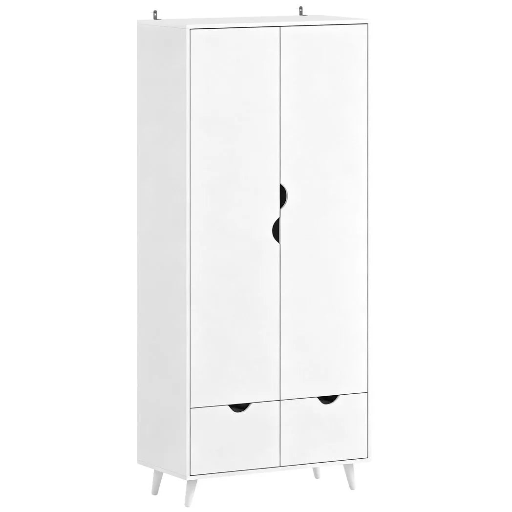 HOMCOM 2-Door Wardrobe with 2 Drawers, Hanging Rail and Wood Feet – Bedroom Clothes Storage with Anti-Tip Straps, White