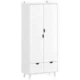 HOMCOM 2-Door Wardrobe with 2 Drawers, Hanging Rail and Wood Feet – Bedroom Clothes Storage with Anti-Tip Straps, White
