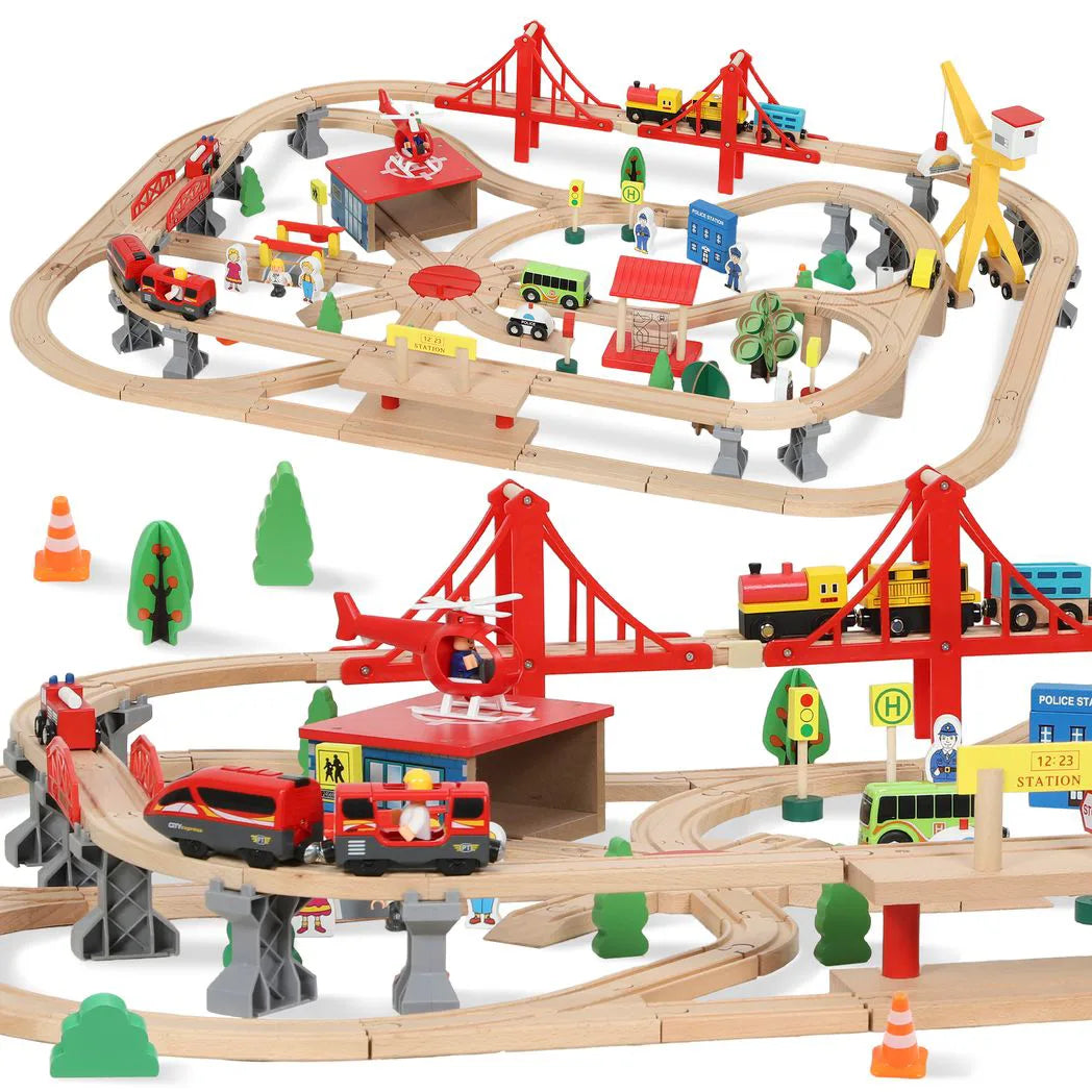 AIYAPLAY 133-Piece Wooden Train Set with Battery-Powered Engine, Crane & Storage Box – Toy Train for Ages 3+