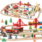 AIYAPLAY 133-Piece Wooden Train Set with Battery-Powered Engine, Crane & Storage Box – Toy Train for Ages 3+