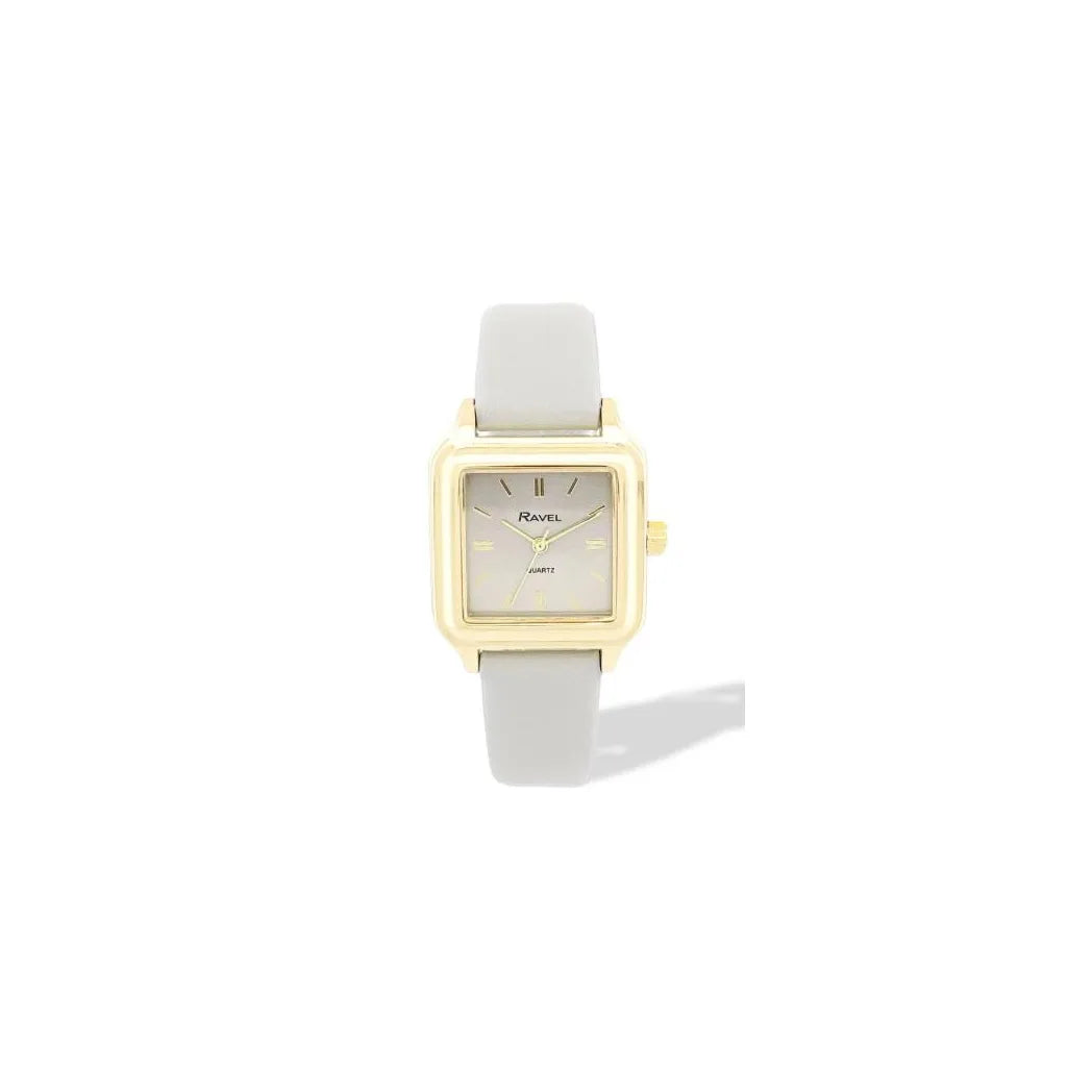Ravel Ladies Summertime Square Gold-Tone Watch with Grey Faux Leather Strap, 28mm