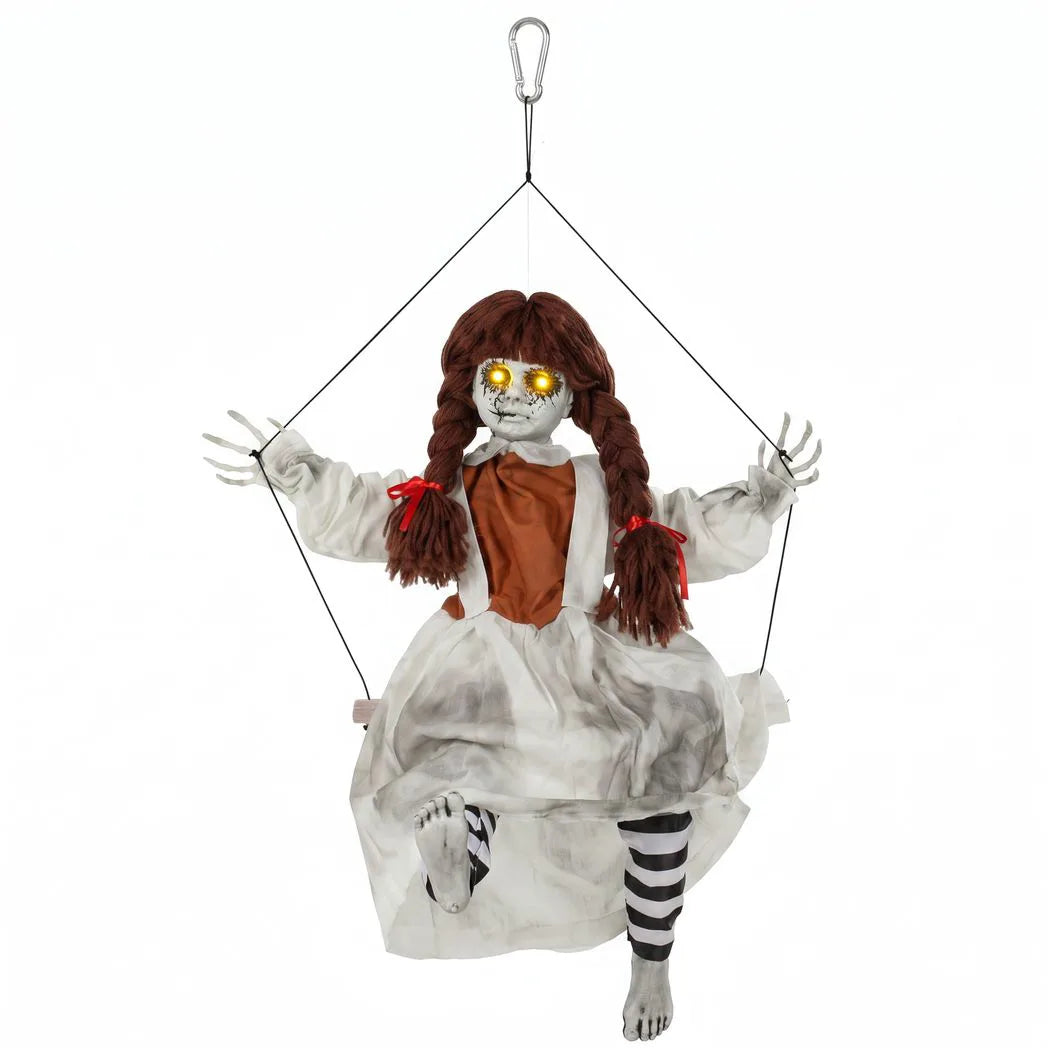 HOMCOM 80 cm Halloween Animated Hanging Creepy Girl on Swing Decoration, Kicking Legs
