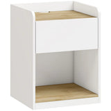 HOMCOM Slim Bedside Table with Drawer, Open Shelf and Cable Holes – Compact Nightstand, White and Oak