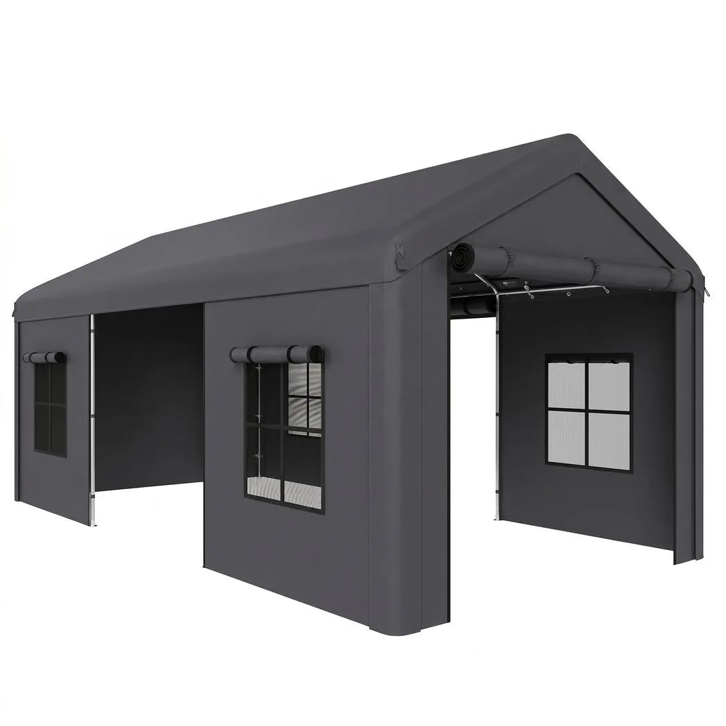 Outsunny Heavy Duty Carport 3 x 6 m – Portable Garage Canopy Tent with Galvanised Steel Frame, Doors & Windows, Dark Grey