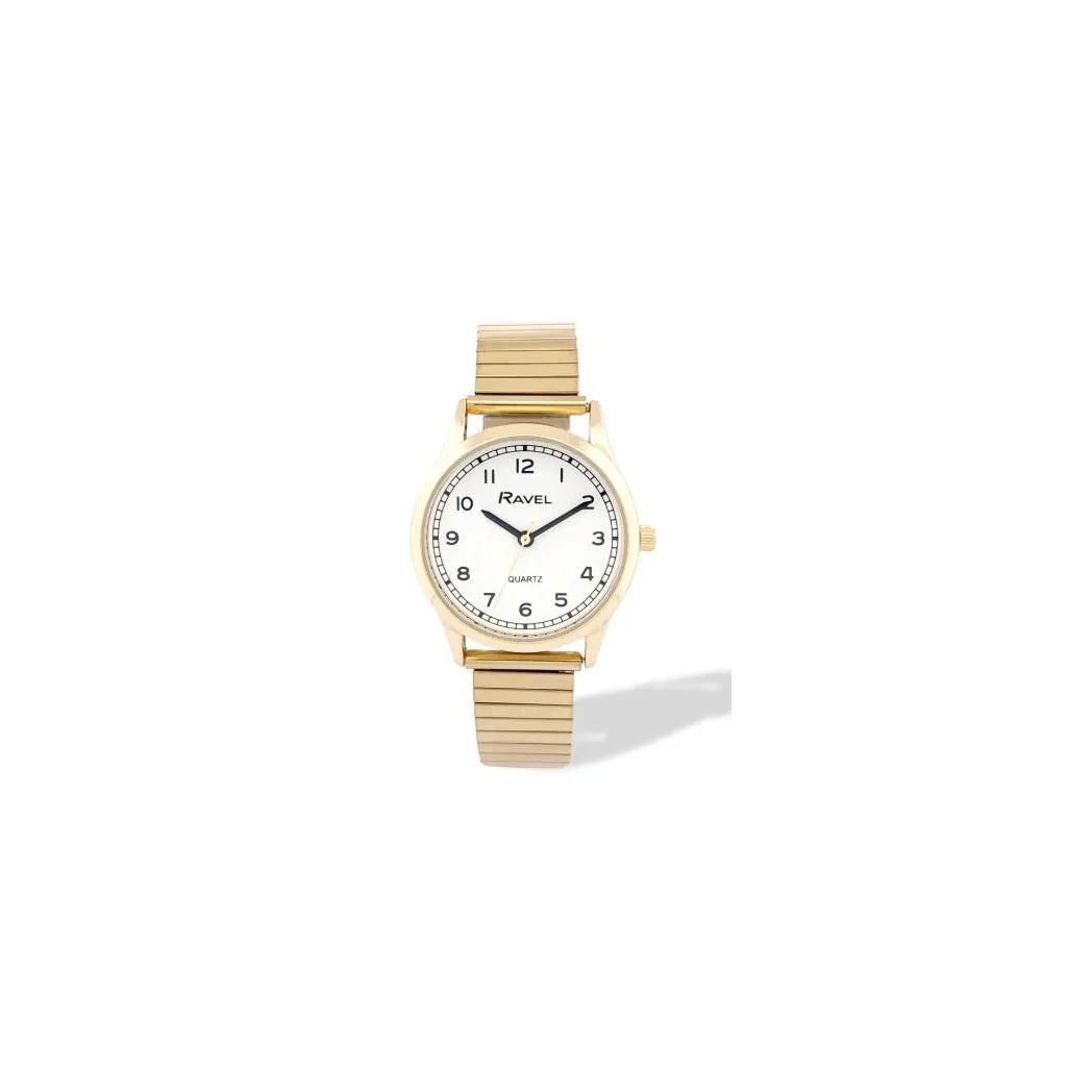Ravel Ladies Easy Read White Dial Watch with Minute Track and Gold-Tone Stainless Steel Expander Bracelet, 27mm