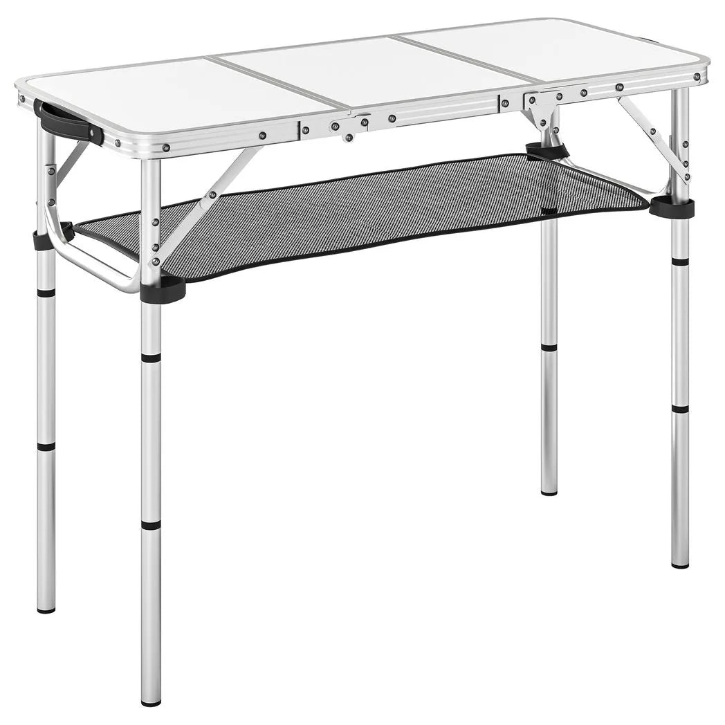 Outsunny 3ft Folding Camping Table with Mesh Storage Layer & Carry Bag – Portable Picnic Table, Cream White