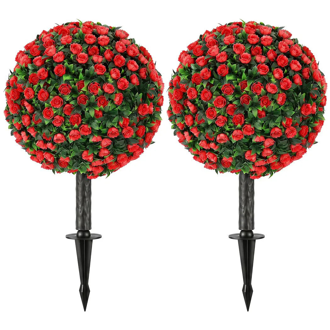 HOMCOM Artificial Rose Topiary UV Resistant, 2-Pack Fake Plants, 55 cm, Red