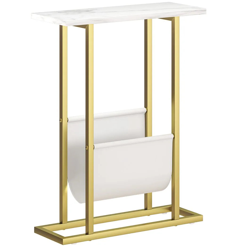 HOMCOM Narrow Side Table with Fabric Shelf – Slim Two-Tier End Table for Bedroom, White Marble Effect