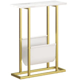 HOMCOM Narrow Side Table with Fabric Shelf – Slim Two-Tier End Table for Bedroom, White Marble Effect
