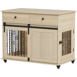PawHut Dog Crate Furniture on Wheels with Two Drawers – Side Table Kennel for Medium and Large Dogs, Oak