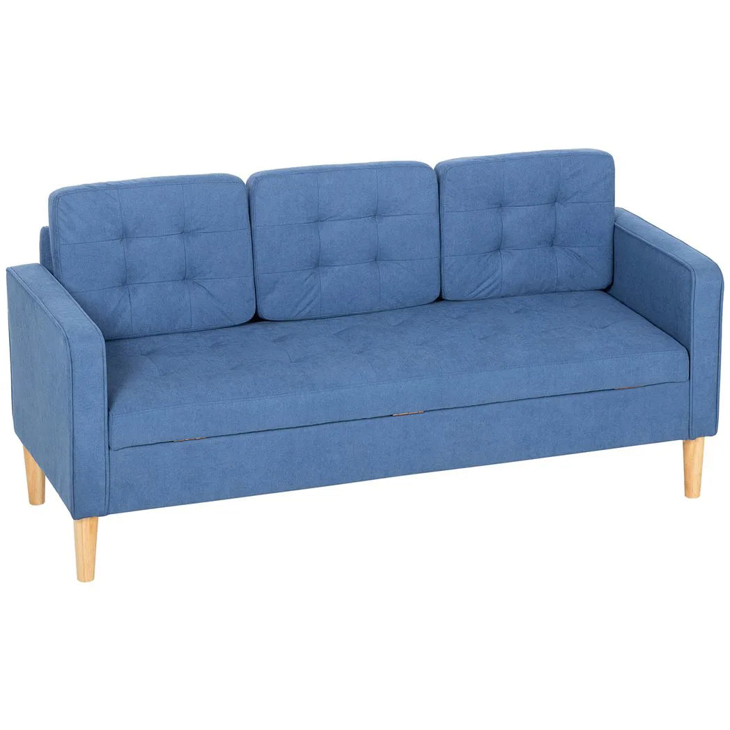 HOMCOM 3 Seater Sofa with Hidden Storage, Button Tufting and Wood Legs, 169 cm – Compact Couch, Blue
