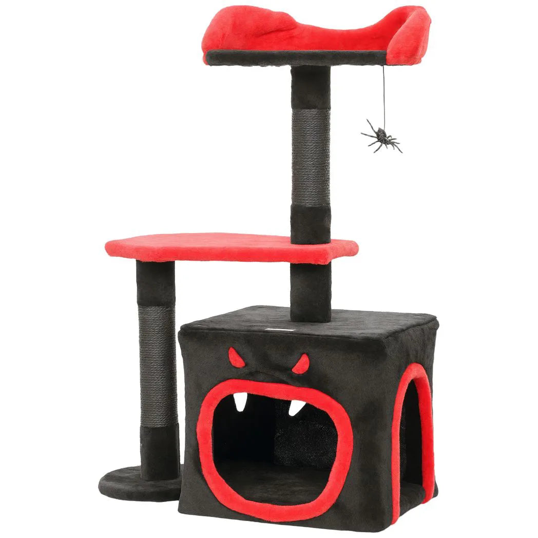 PawHut Gothic Halloween Cat Tree – 83cm Cat Tower with Sisal Scratching Posts, Condo, Coffin Platform, Bed and Spider Toy