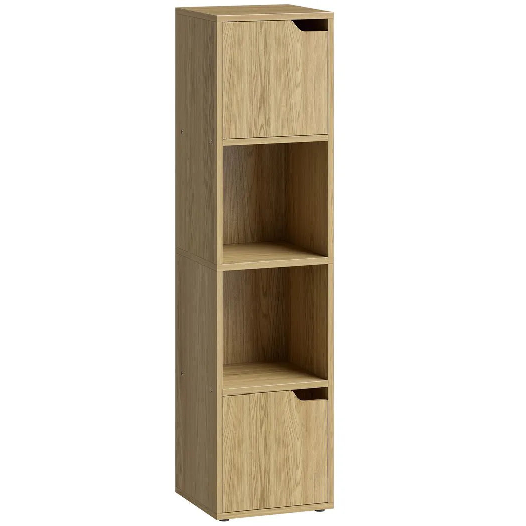 HOMCOM Narrow 4-Tier Bookcase with Open Shelves and Cabinet Doors – Slim Storage Unit, Oak