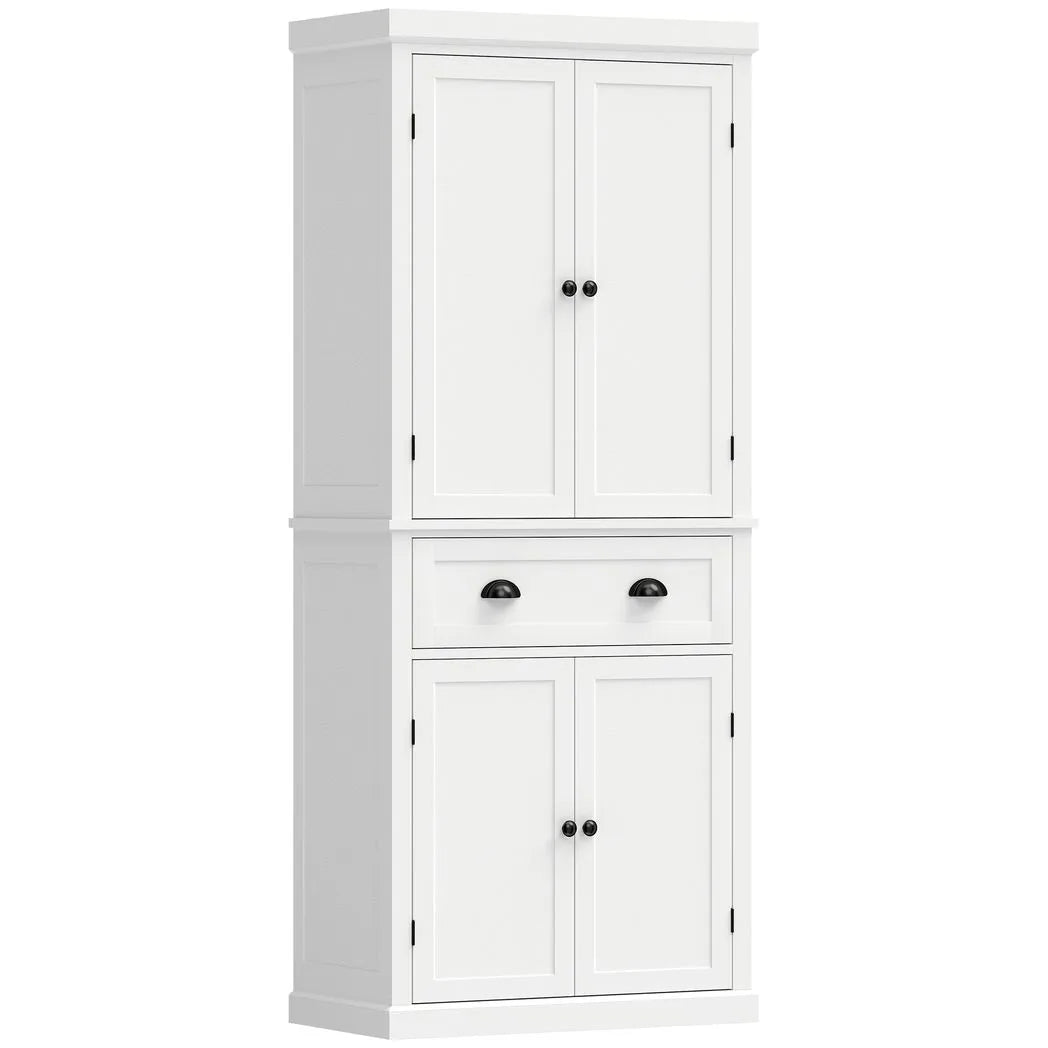 HOMCOM 183 cm Tall Kitchen Cupboard with Drawer, 4 Doors and Adjustable Shelves – Farmhouse White