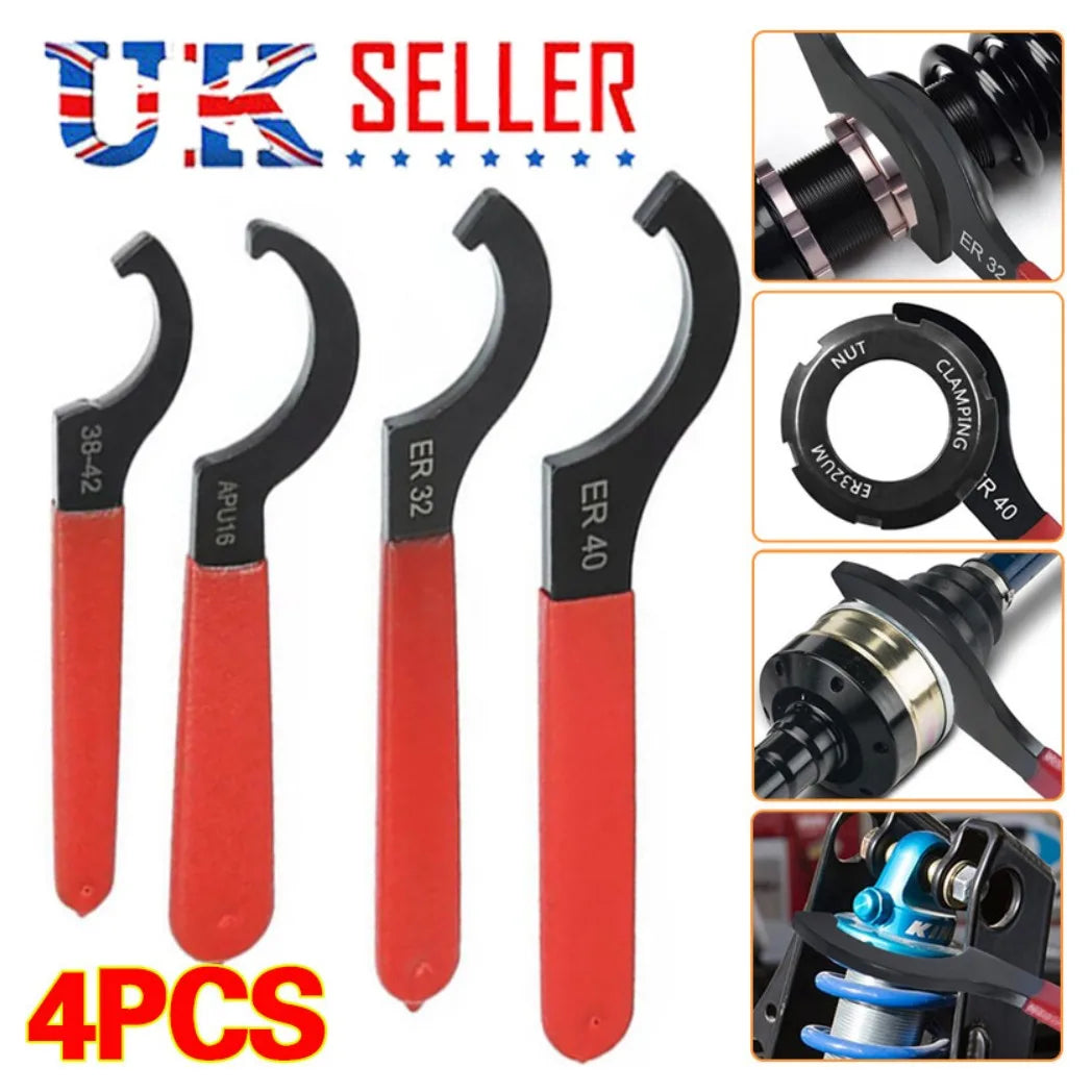 4-Piece Coilover Wrench Set – C-Shape Steel Hook Spanners with Soft Rubber Handles for Shock Absorbers