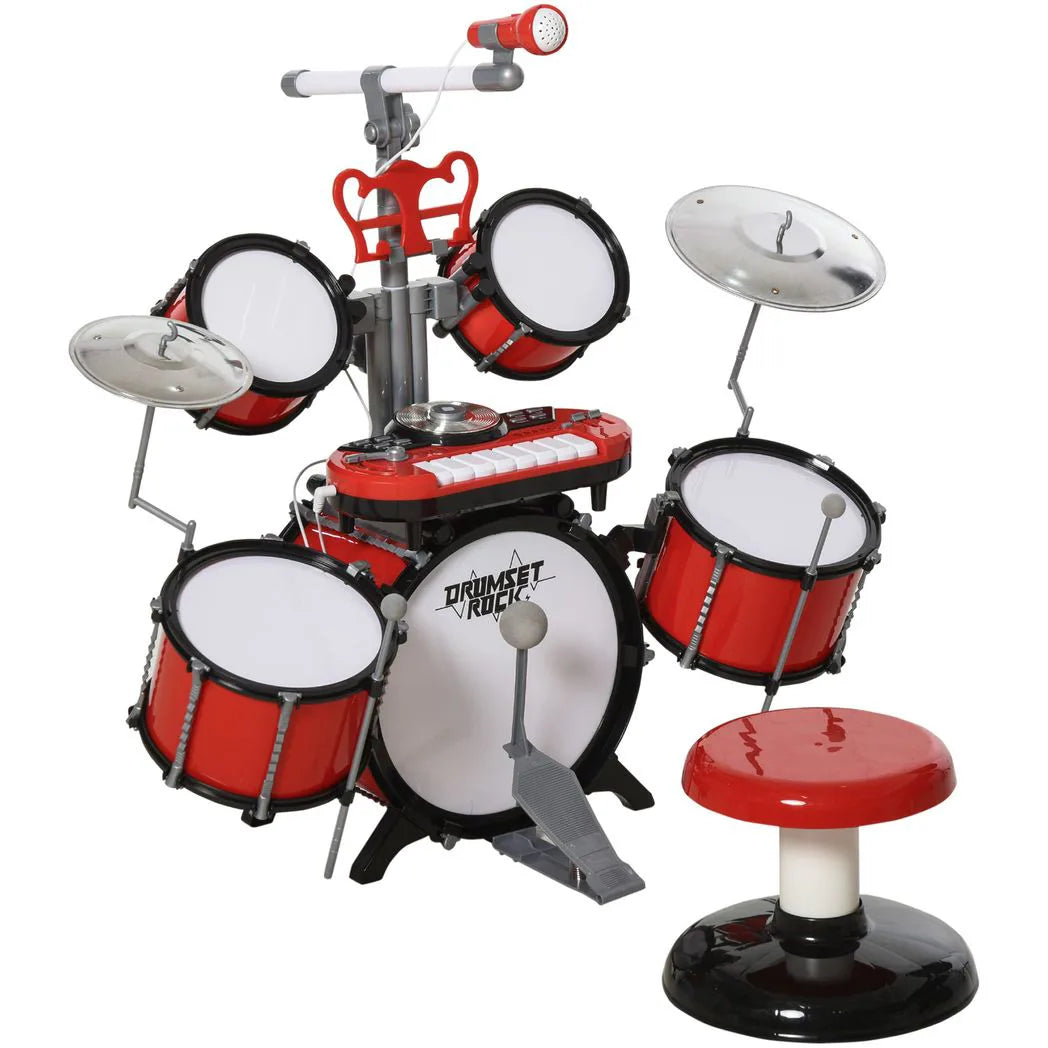 HOMCOM Kids Drum Set with Toy Microphone, Keyboard, Cymbals, Pedal & Stool – Educational Musical Toy for Beginners, Red