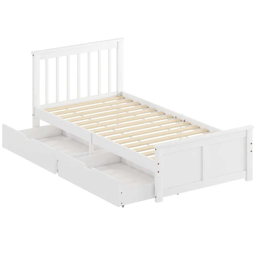 HOMCOM Wooden Single Bed Frame with Two Wheeled Drawers – Pine Wood Storage Bed, 3ft, White
