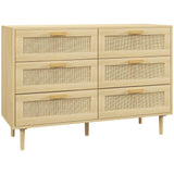 HOMCOM 6-Drawer Tall Chest of Drawers with Rattan Elements – Boho Bedroom and Living Room Storage Unit, Oak